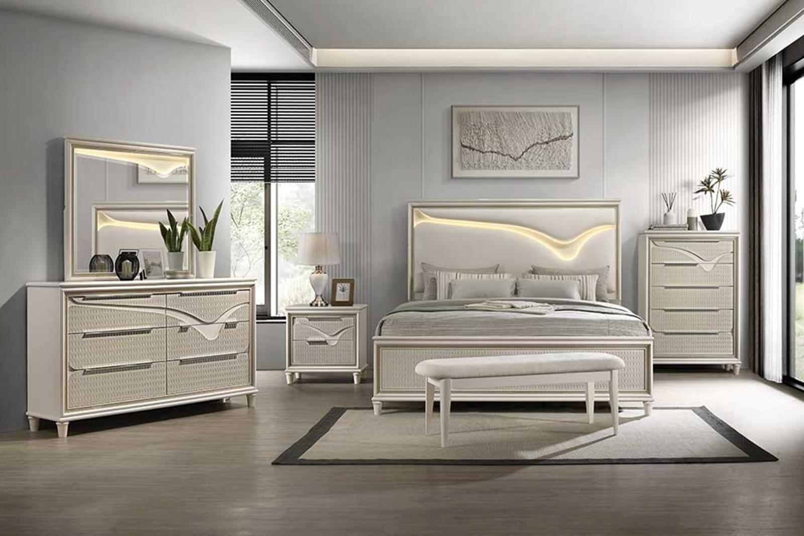 Casa Blanca Hudson Macchiato light brown Wood Finish Fabric Headboard LED Lighting Queen Bedroom Set – Hudson-4PC