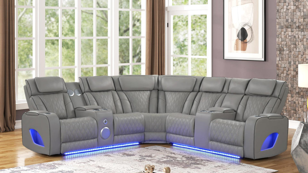 3 pc Fortuner grey faux leather power motion sectional sofa with massagers and LED , Wireless charging, cup holders Bluetooth speakers
