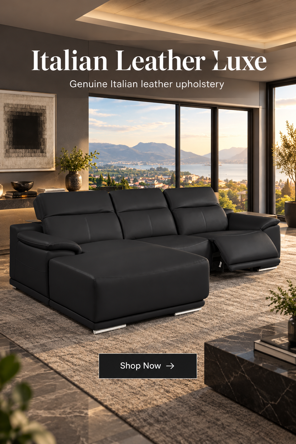 DivanItalia Black Italian Leather 3-Piece Power Reclining Sectional with Chaise – 9762BLK-3PC-CH