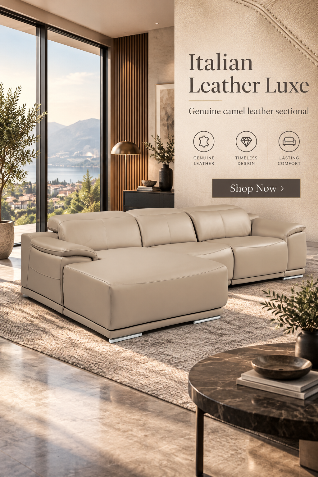 DivanItalia Beige Italian Leather 3-Piece Power Reclining Sectional with Chaise – 9762BEI-3PC-CH