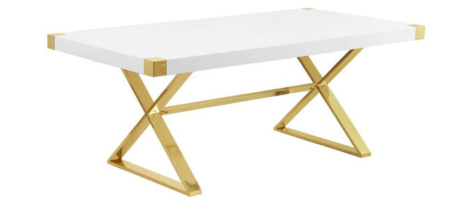 Best Quality D443-6SC315 7 pc Modern white high gloss top gold accent base 94" dining table set navy blue chairs