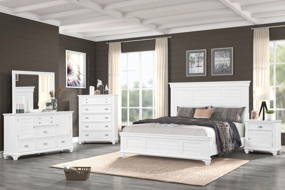 00-2118-4PC 4 pc Jamestown white finish wood country style panel headboard queen bed set