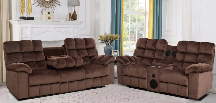 JAVA-BRN-2PC 2 pc Java brown champion fabric power motion sofa drop down tray table and love seat with speaker console