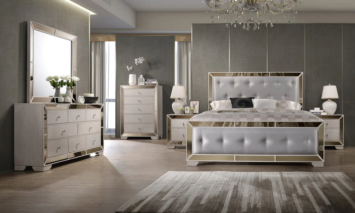Asia Direct Juliette-4PC 4 pc Juliette bisque white finish wood modern style mirrored accents queen bedroom set