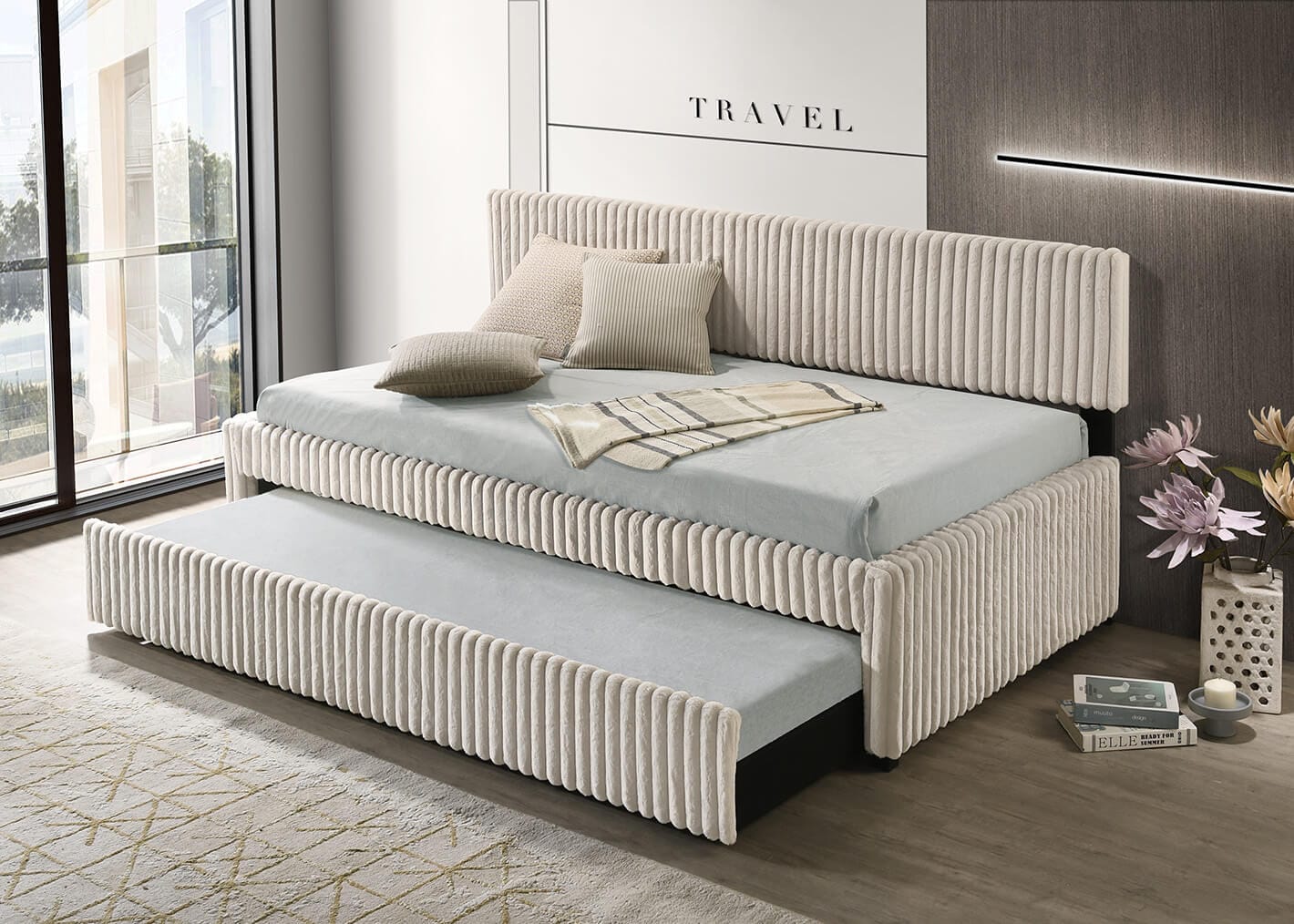 K47 Malloy cream wide corduroy fabric day bed with lower trundle bed