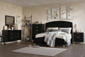 00-4378K-4PC 4 pc Kailani black finish wood black fabric upholstered headboard queen bed set gold accents