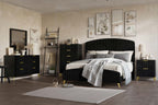 00-4378K-4PC 4 pc Kailani black finish wood black fabric upholstered headboard queen bed set gold accents
