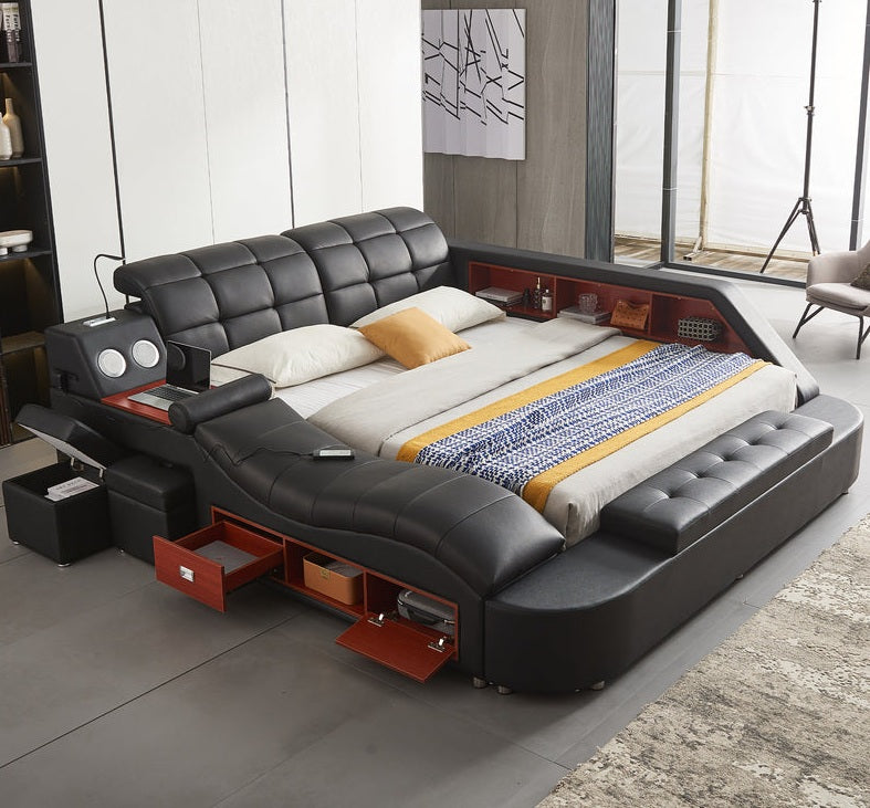 L9013BK Helena black faux leather queen platform bed with underbed drawers built in chaise with massage and bluetooth sound