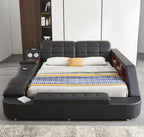 L9013BK Helena black faux leather queen platform bed with underbed drawers built in chaise with massage and bluetooth sound