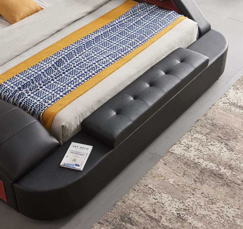 L9013BK Helena black faux leather queen platform bed with underbed drawers built in chaise with massage and bluetooth sound