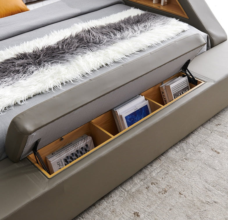 L9013WH Helena white faux leather queen platform bed with underbed drawers built in chaise with massage and bluetooth sound