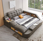 L9013GY Helena grey faux leather queen platform bed with underbed drawers built in chaise with massage and bluetooth sound