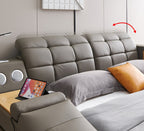 L9013GY Helena grey faux leather queen platform bed with underbed drawers built in chaise with massage and bluetooth sound