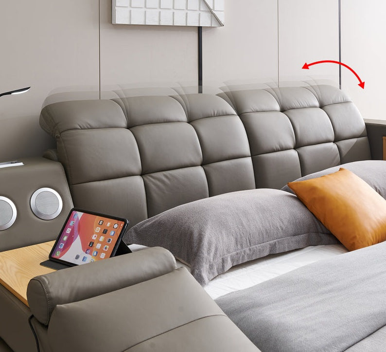 L9013GY Helena grey faux leather queen platform bed with underbed drawers built in chaise with massage and bluetooth sound