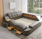 L9013GY Helena grey faux leather queen platform bed with underbed drawers built in chaise with massage and bluetooth sound