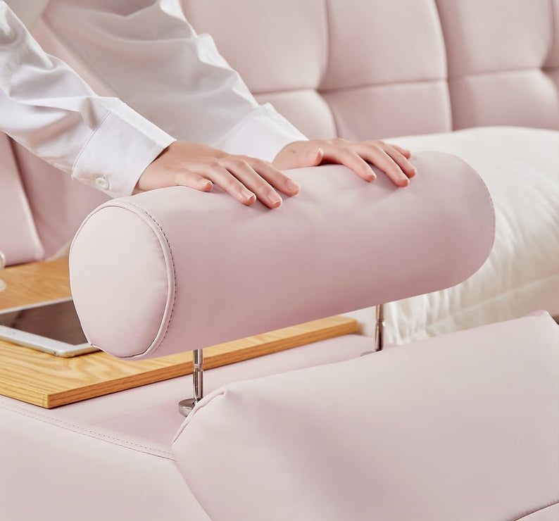 L9013PK Helena pink faux leather queen platform bed with underbed drawers built in chaise with massage and bluetooth sound