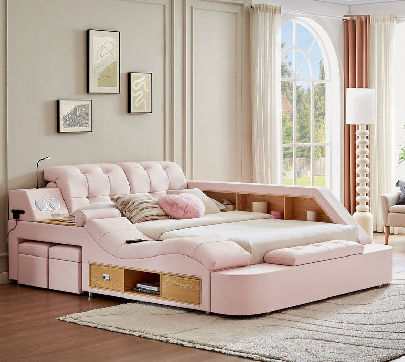 L9013PK Helena pink faux leather queen platform bed with underbed drawers built in chaise with massage and bluetooth sound