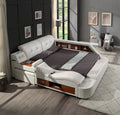 L9013WH Helena white faux leather queen platform bed with underbed drawers built in chaise with massage and bluetooth sound