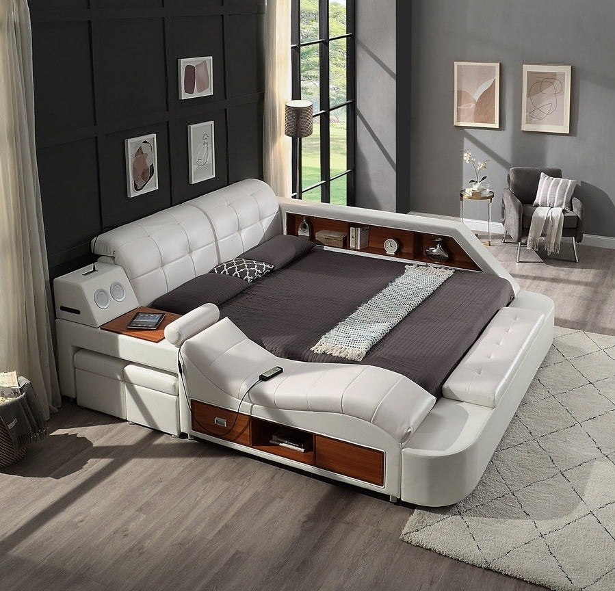 L9013WH Helena white faux leather queen platform bed with underbed drawers built in chaise with massage and bluetooth sound