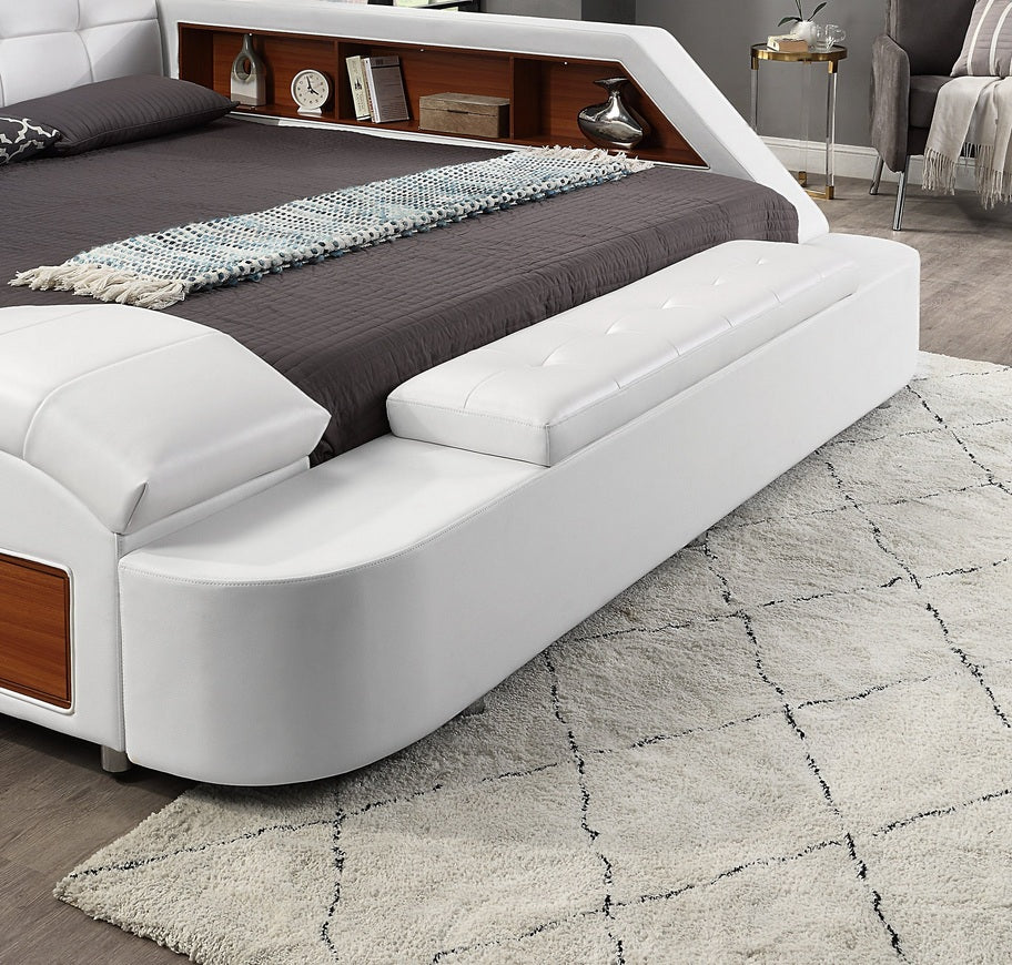 L9013WH Helena white faux leather queen platform bed with underbed drawers built in chaise with massage and bluetooth sound