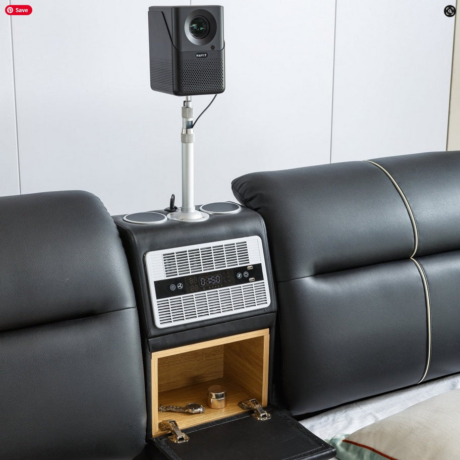 L9020BK Imally black faux leather eastern king platform bed with underbed drawers built in back massage video projector and bluetooth sound