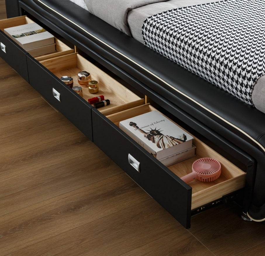 L9020BK Imally black faux leather eastern king platform bed with underbed drawers built in back massage video projector and bluetooth sound