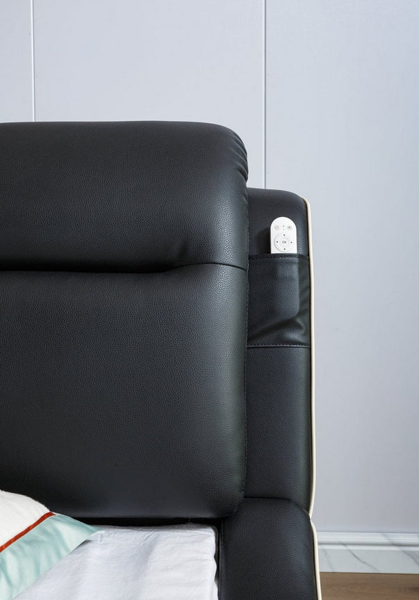 L9020BK Imally black faux leather eastern king platform bed with underbed drawers built in back massage video projector and bluetooth sound