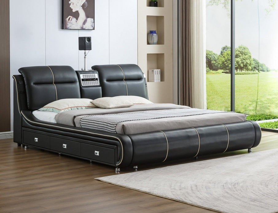 L9020BK Imally black faux leather eastern king platform bed with underbed drawers built in back massage video projector and bluetooth sound