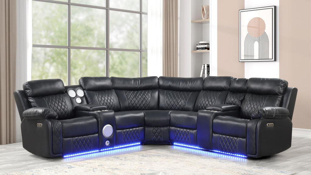 3 pc Lacrosse black faux leather power motion sectional sofa with LED , USB charging, cup holders Bluetooth speakers