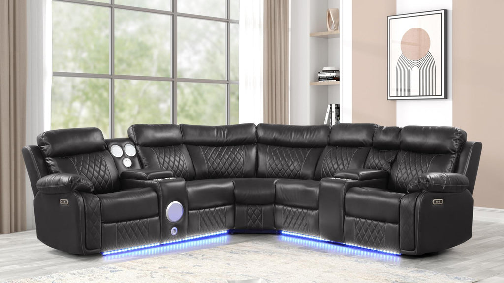 3 pc Lacrosse grey faux leather power motion sectional sofa with LED , USB charging, cup holders Bluetooth speakers