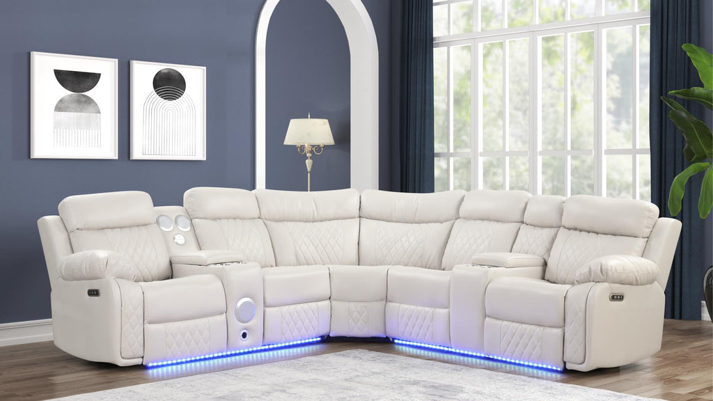 3 pc Lacrosse ice faux leather power motion sectional sofa with LED , USB charging, cup holders Bluetooth speakers