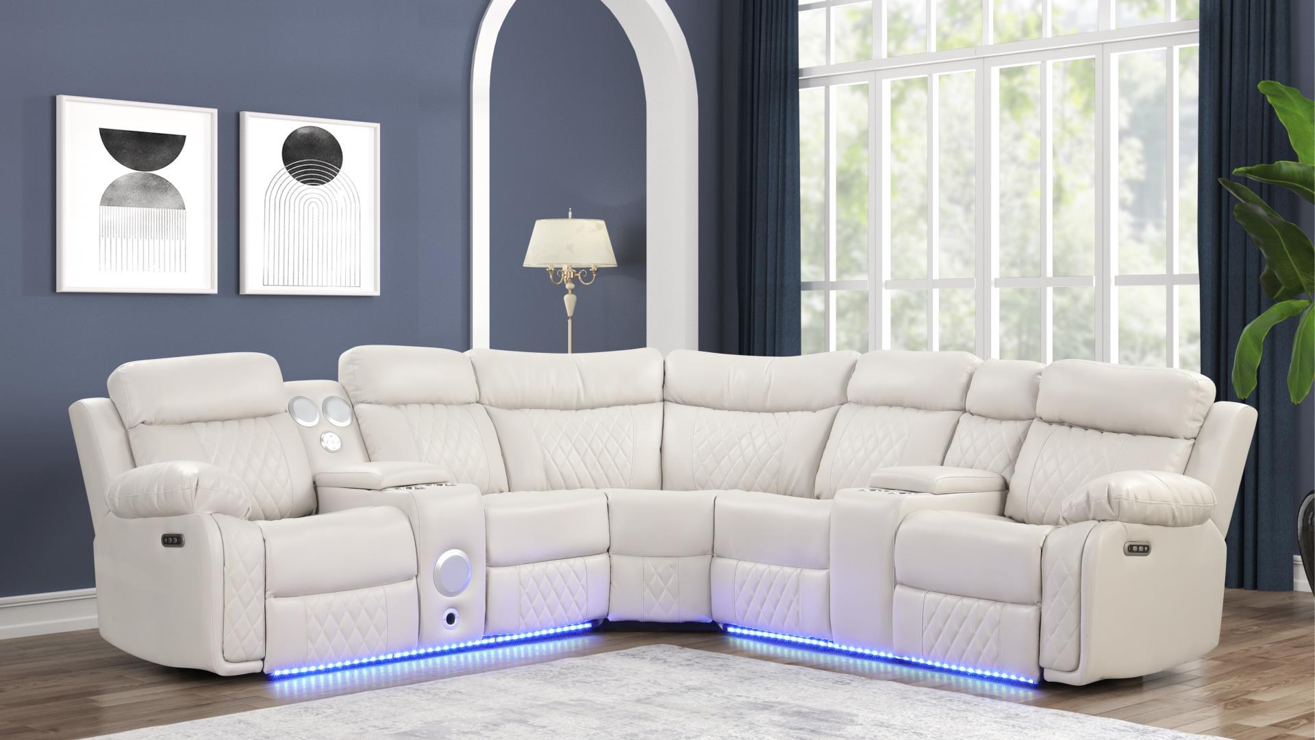 3 pc Lacrosse ice faux leather power motion sectional sofa with LED , USB charging, cup holders Bluetooth speakers