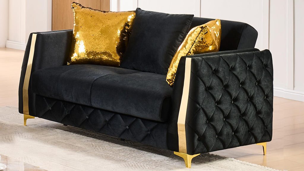 2 pc Lippa black fabric upholstered tufted arms gold trim accents sofa and love seat set with sleeper and storage