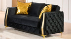 2 pc Lippa black fabric upholstered tufted arms gold trim accents sofa and love seat set with sleeper and storage