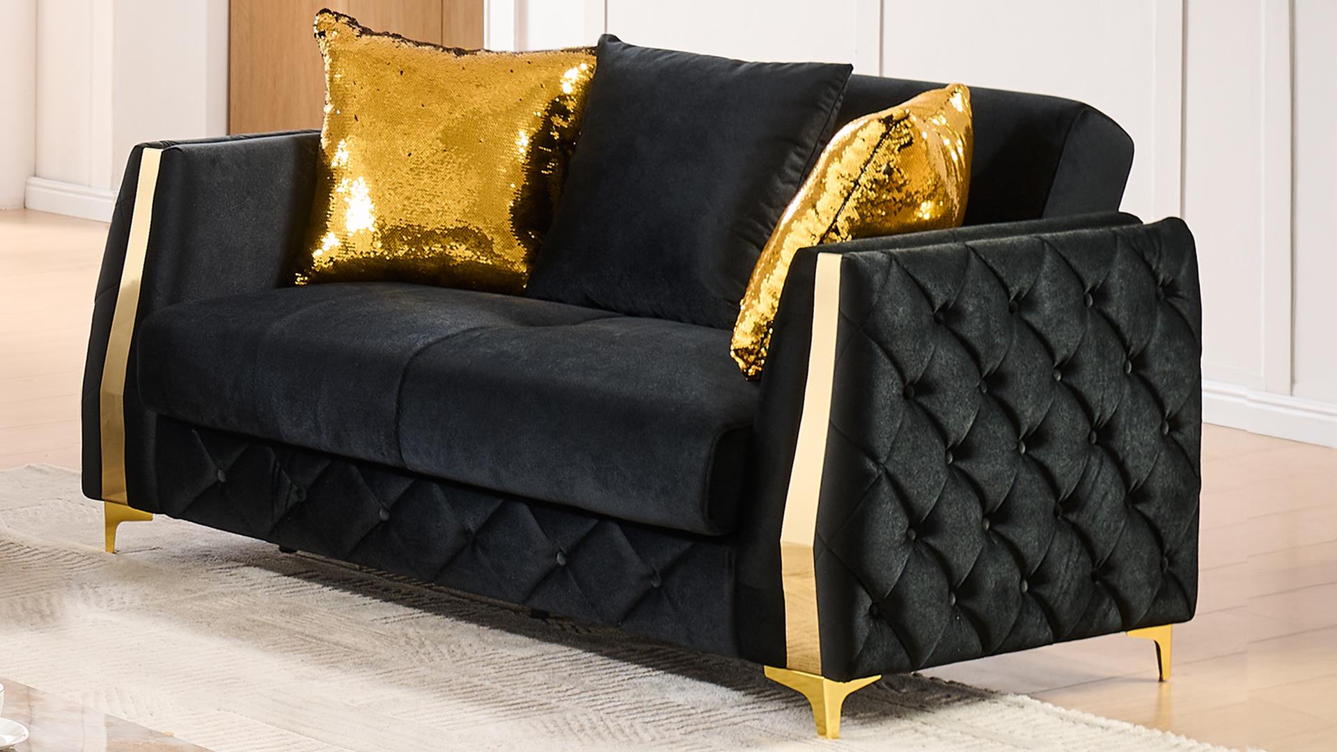 2 pc Lippa black fabric upholstered tufted arms gold trim accents sofa and love seat set with sleeper and storage