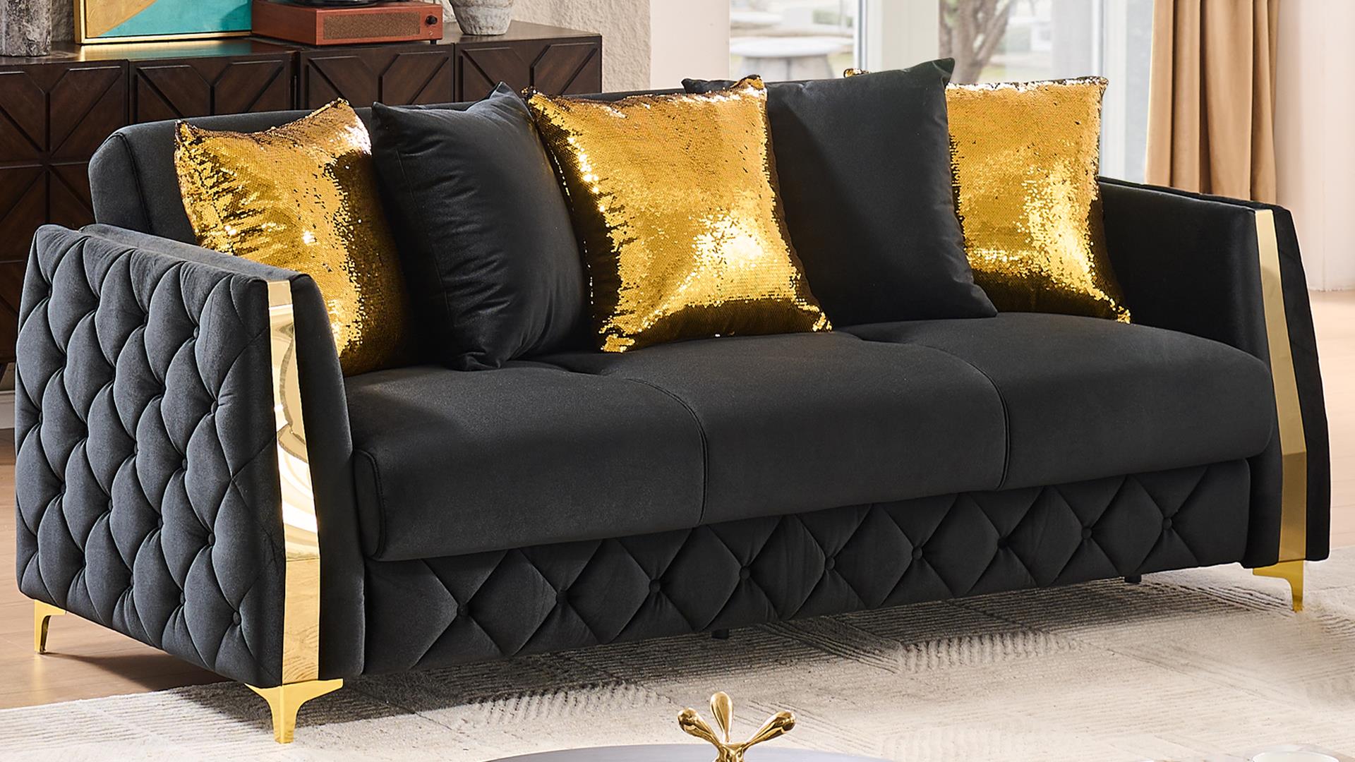 2 pc Lippa black fabric upholstered tufted arms gold trim accents sofa and love seat set with sleeper and storage