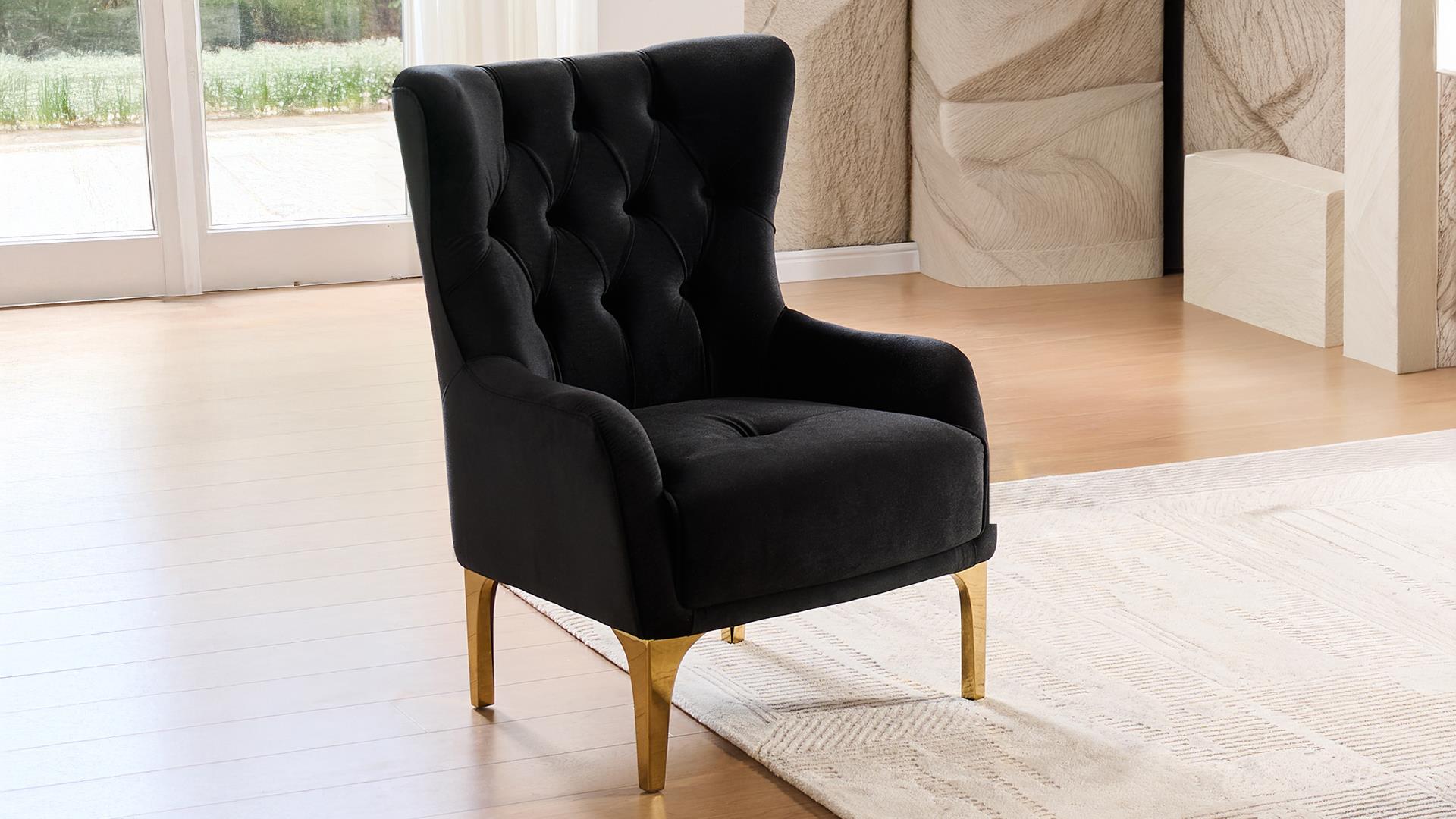 2 pc Lippa black fabric upholstered tufted arms gold trim accents sofa and love seat set with sleeper and storage