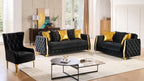2 pc Lippa black fabric upholstered tufted arms gold trim accents sofa and love seat set with sleeper and storage
