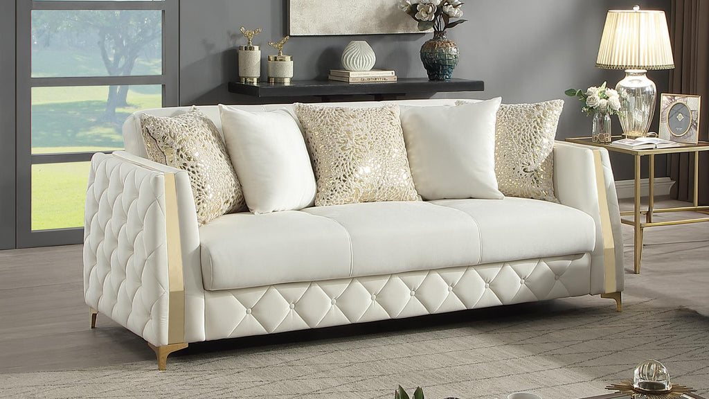2 pc Lippa Off White fabric upholstered tufted arms gold trim accents sofa and love seat set with sleeper and storage