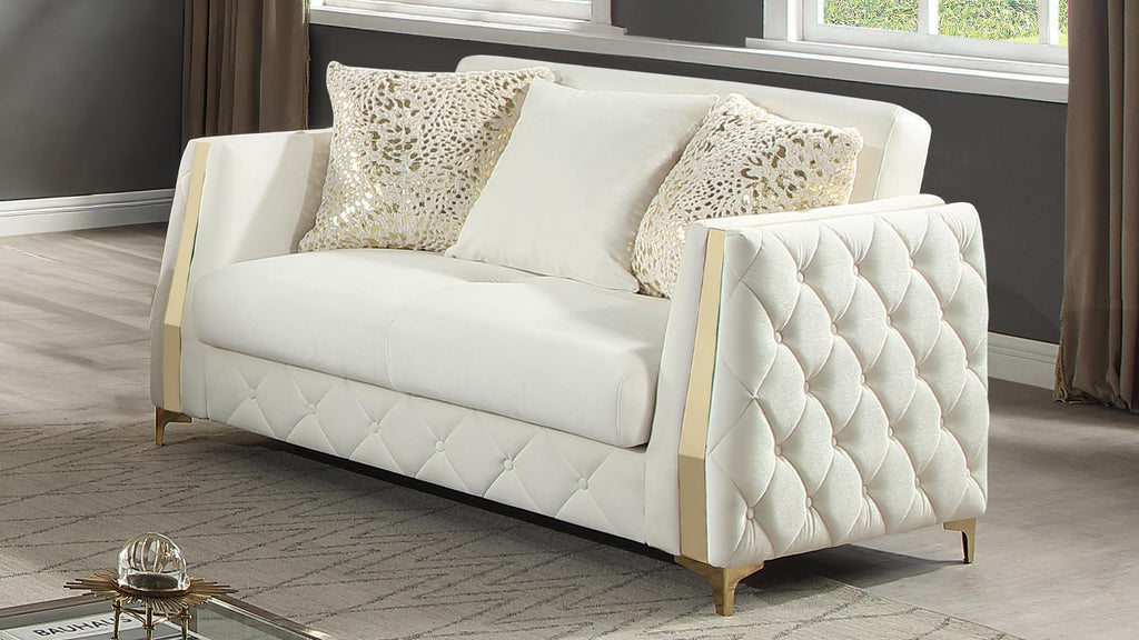 2 pc Lippa Off White fabric upholstered tufted arms gold trim accents sofa and love seat set with sleeper and storage