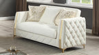 2 pc Lippa Off White fabric upholstered tufted arms gold trim accents sofa and love seat set with sleeper and storage