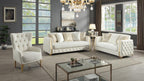 2 pc Lippa Off White fabric upholstered tufted arms gold trim accents sofa and love seat set with sleeper and storage