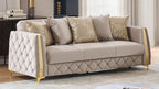 2 pc Lippa Taupe fabric upholstered tufted arms gold trim accents sofa and love seat set with sleeper and storage