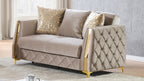 2 pc Lippa Taupe fabric upholstered tufted arms gold trim accents sofa and love seat set with sleeper and storage