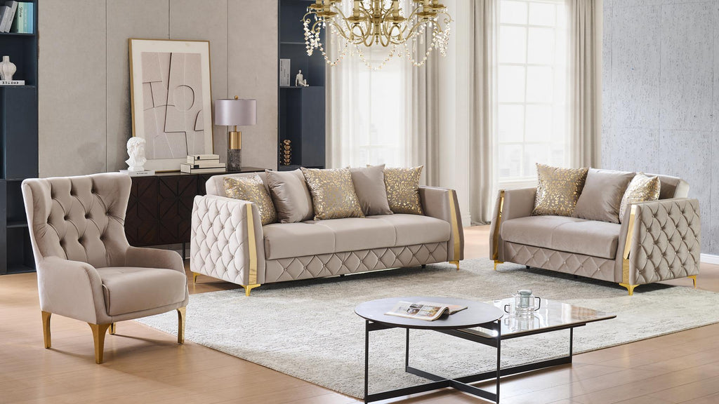 2 pc Lippa Taupe fabric upholstered tufted arms gold trim accents sofa and love seat set with sleeper and storage