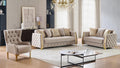 2 pc Lippa Taupe fabric upholstered tufted arms gold trim accents sofa and love seat set with sleeper and storage