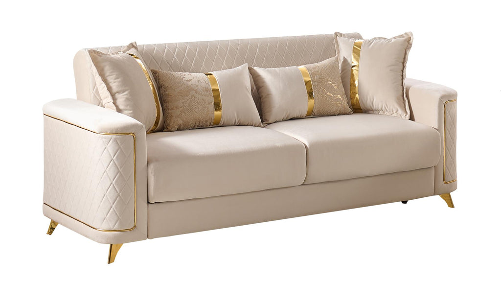 2 pc Lisa beige diamond pattern fabric upholstered rounded arms gold trim accents sofa and love seat set with sleeper and storage
