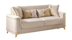 2 pc Lisa beige diamond pattern fabric upholstered rounded arms gold trim accents sofa and love seat set with sleeper and storage