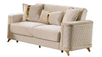 2 pc Lisa beige diamond pattern fabric upholstered rounded arms gold trim accents sofa and love seat set with sleeper and storage