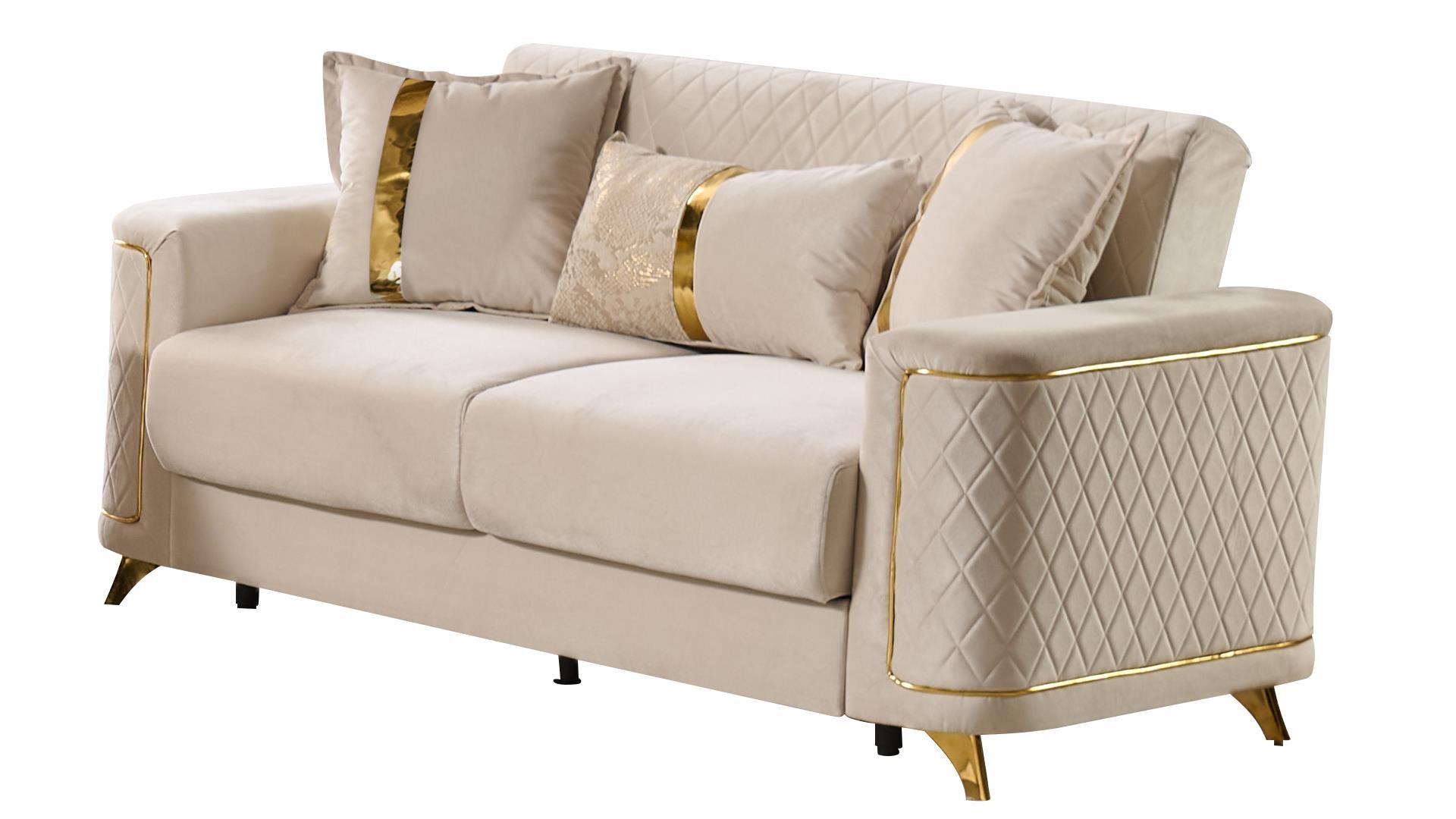 2 pc Lisa beige diamond pattern fabric upholstered rounded arms gold trim accents sofa and love seat set with sleeper and storage